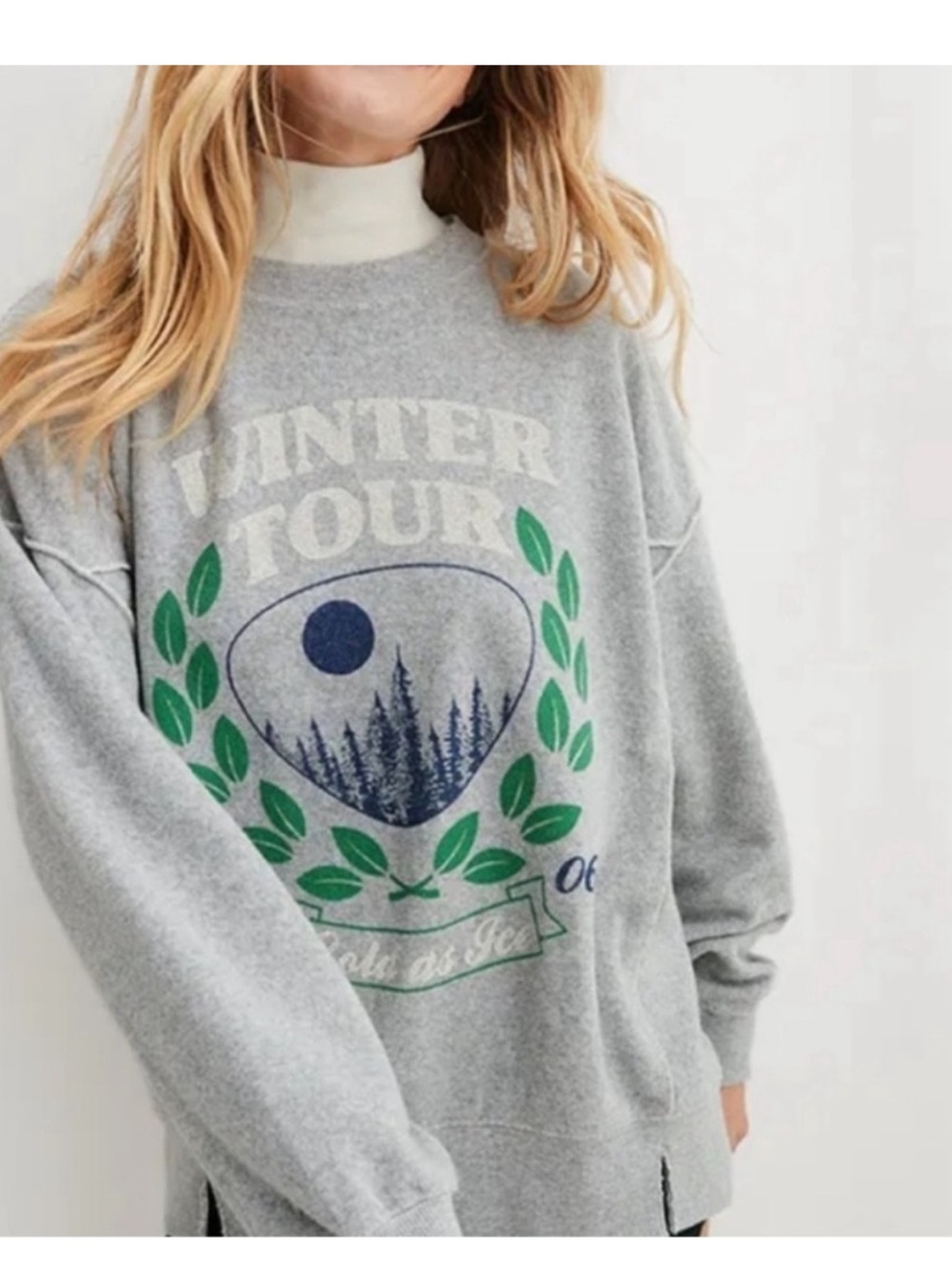 aerie Gray 'Winter Tour' Graphic Crewneck Sweatshirt with Green Laurel